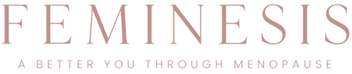 Feminesis brand logo in dusty rose on a solid white background, featuring a stylized letter 'F' with a woman's profile and leaves, alongside the text 'FEMINESIS' and 'A BETTER YOU THROUGH MENOPAUSE'.