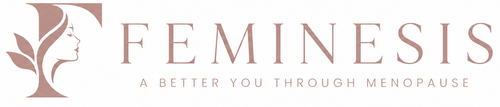 Feminesis brand logo in dusty rose on a solid white background, featuring a stylized letter 'F' with a woman's profile and leaves, alongside the text 'FEMINESIS' and 'A BETTER YOU THROUGH MENOPAUSE'.